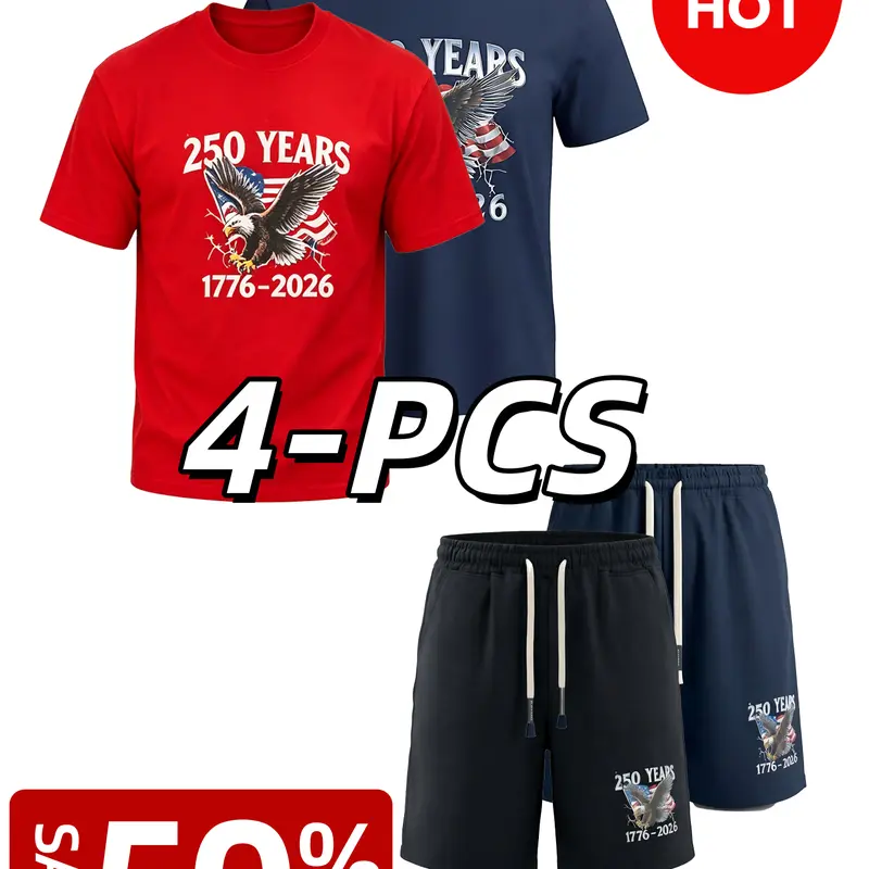 Men's 2 sets cotton "250 Years 1776-2026" American Eagle Graphic Tee & Shorts Set | Patriotic Cotton Loungewear Outfits  Menswear