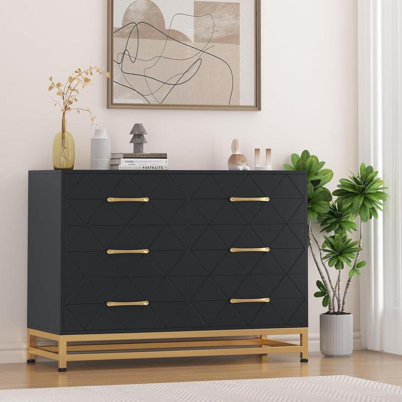 Black Dresser for Bedroom with 6 Drawers, Wood Chest of Drawers, TV Stand, Morden Dresser for Closet, Living Room, Hallway, Nursery