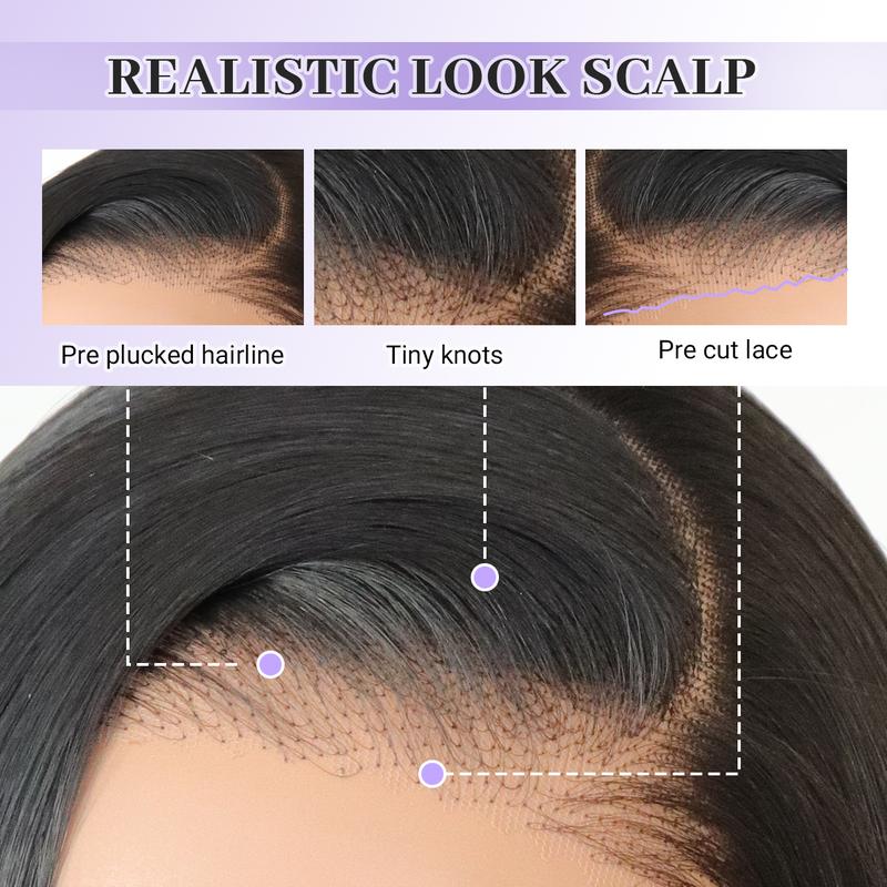 U&A Hair Synthetic 9x7 Glueless C-Part Layered Short Wig 14 Inch，Wear and Go Lace Front Straight Wig Pre Plucked Pre Cut Natural Hairline with Tiny Knots