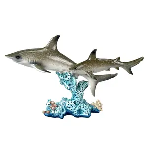 Double Sharks on Coral Reef Statue, 10" Hand-Painted Resin Marine Life Decor, Realistic Ocean Shark Sculpture, Nautical Coastal Tabletop Accent for Home, Office, Aquarium, Beach House, or Gift