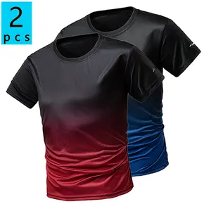 Pack of 2 men’s quick-dry short-sleeve crew-neck sports T-shirts—fashion gradient design suitable for everyday running, fitness training, and casual wear; men’s quick-dry sports T-shirt; gradient sports fitness T-shirt; crew-neck short-sleeve sports top f