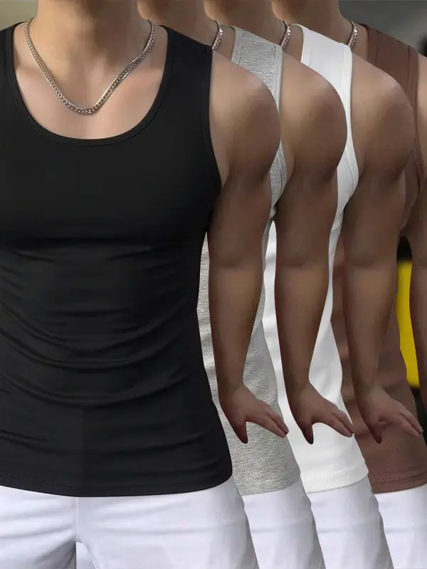 4-Pack Men’s Summer Solid Color Crew Neck Tank Top Sleeveless Vest Loose Fit Slimming Running Sports Workout Shirt