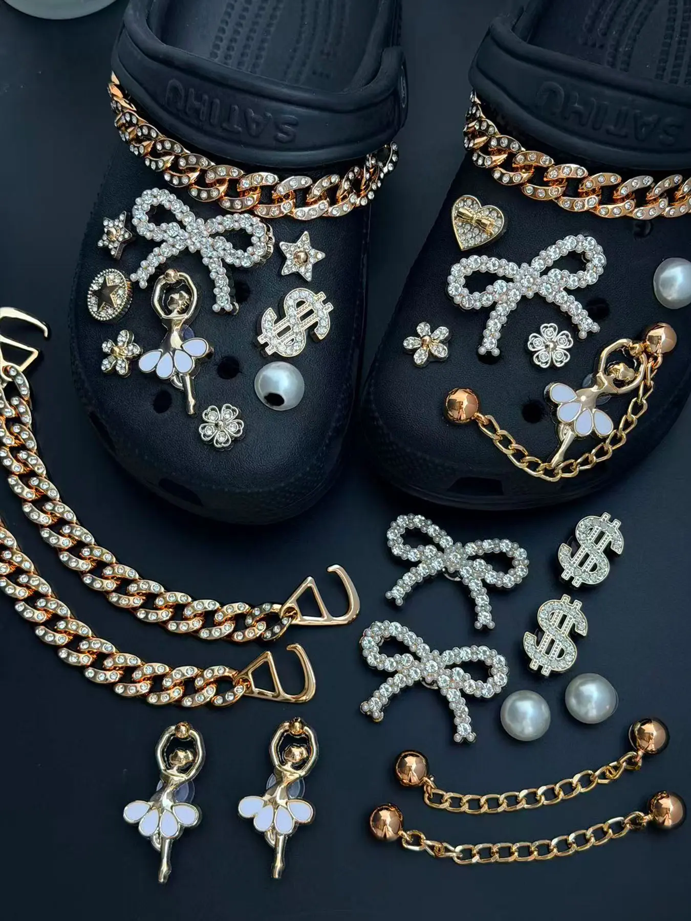 Elegant 24-Piece Stud Shoe Charm Set with Pearl Bows, Ballerina Design and Chains, Cute Decorative Accessories for Shoes, Bling Shoe Charms, Shoe Decoration and Embellishment Set