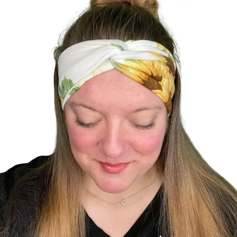 Sunflower Turban Style Headband - Buttery Soft and Stretchy Fabric, One Size Fits Most Teens & Adults, Floral Design, Comfortable Fit
