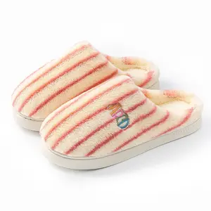 New Plush Cotton Slippers for Women Fall/Winter Indoor Thick-Soled Home Slippers with Striped Design and Cozy Comfort