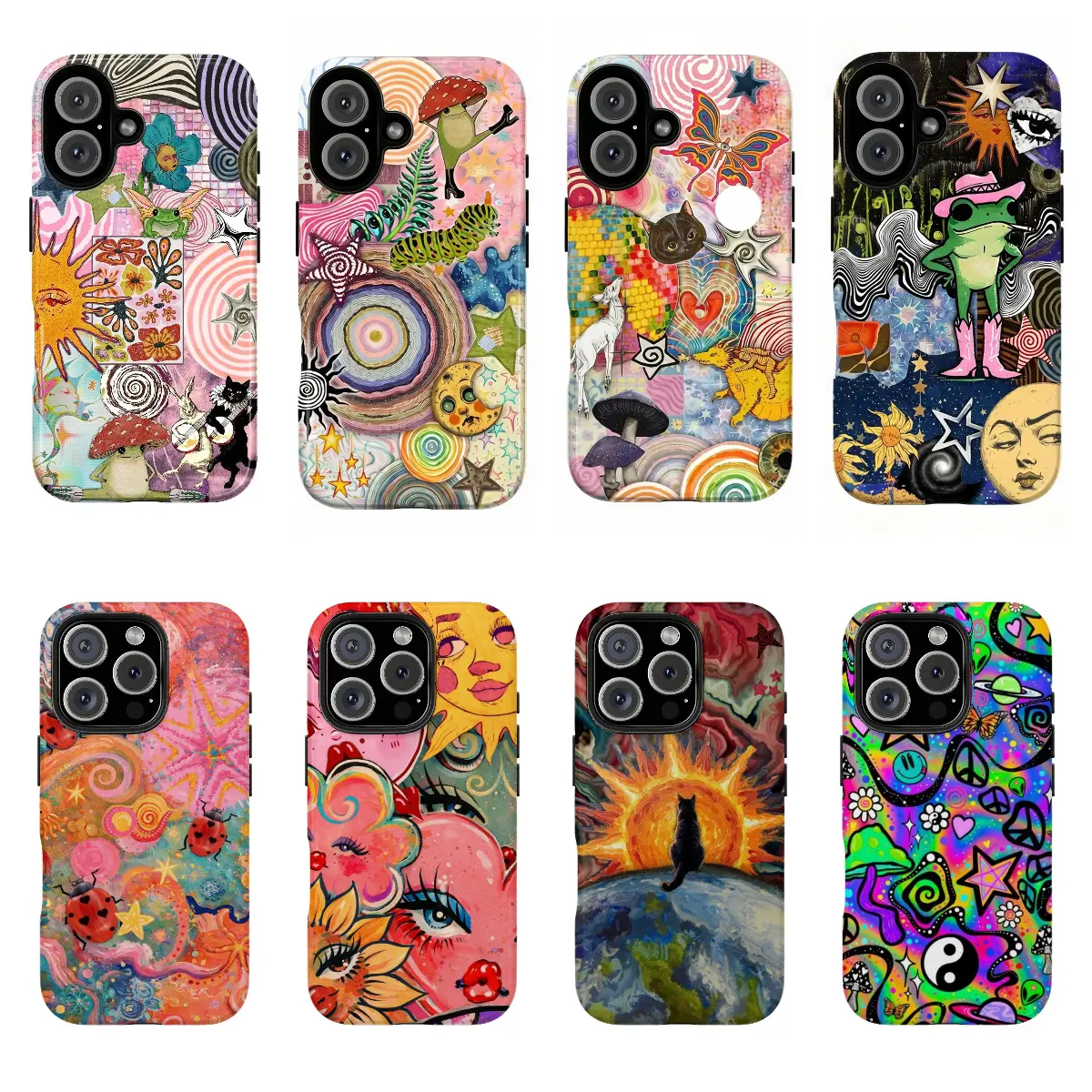 Whimsical Psychedelic Collage Phone Case – Trippy Sun, Mushrooms, Dancing Animals, Frogs & Funky Retro Vibes – for iPhone 11-17 & Samsung Galaxy S21–S24