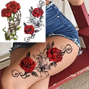 Waterproof Temporary Tattoo Stickers, Floral Design, Realistic Rose Skull Hand, Long-Lasting Body Art for Men & Women