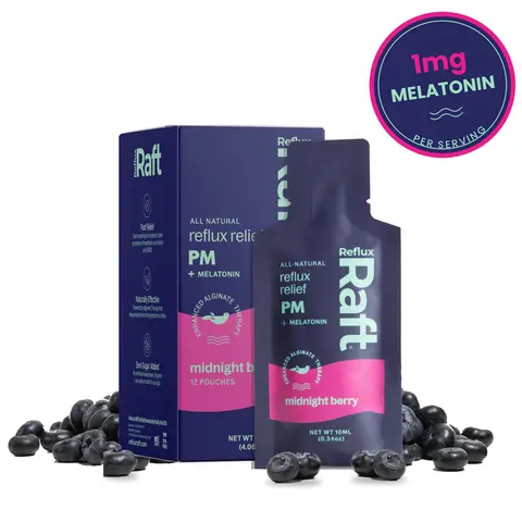 RefluxRaft Midnight Berry PM Acid Reflux Gel Therapy Travel Packs - Organic Alginate Formula, Pregnancy Safe, LPR Support, 0 Sugar, Gluten-Free, Low Sodium, Contains Melatonin for Nighttime Relief
