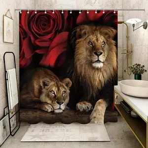 Lion & Rose Pattern Shower Curtain, Waterproof Bathroom Curtain with 12pcs Hooks, Bathroom Decor Supplies for Home, Hotel, Apartment, Dorm, Spa, Bathroom Decoration Accessories