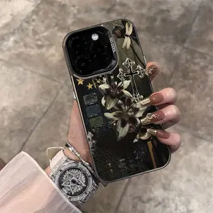 Retro Lily Flower Dark Collage Pattern Suitable for TPU Case for iPhone 16 PRO MAX, iPhone 15/14 PLUS/13 Pro/12/X/XR/XS Max Business Anti-Drop Colorful Silvery, PC Protective Cover High Aesthetics