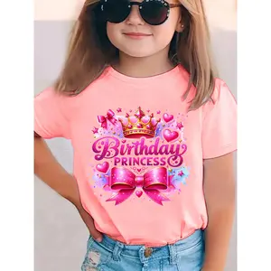 Girls' Summer Fashion Short Sleeve T-Shirt | BIRTHDAY PRINCESS Crown and Bowknot Cartoon Print Casual Versatile Top, Regular Fit, Crew Neck, Slight Stretch Fabric