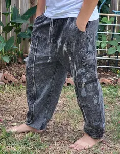 Fashionable Unisex Multicolor Handmade Hippie Patchwork Mushroom Print Cotton Boho Comfy Festival Stonewashed Yoga Pants Trouser
