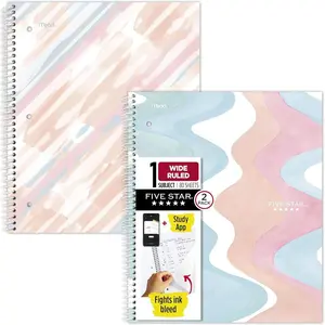 Spiral Notebook + Study App, 2 Pack, 1 Subject, Wide Ruled, 8" x 10-1/2", 80 Sheets, Fights Ink Bleed, Water Resistant Cover, Pastel Waves and Brush Strokes (930210F-ECM)