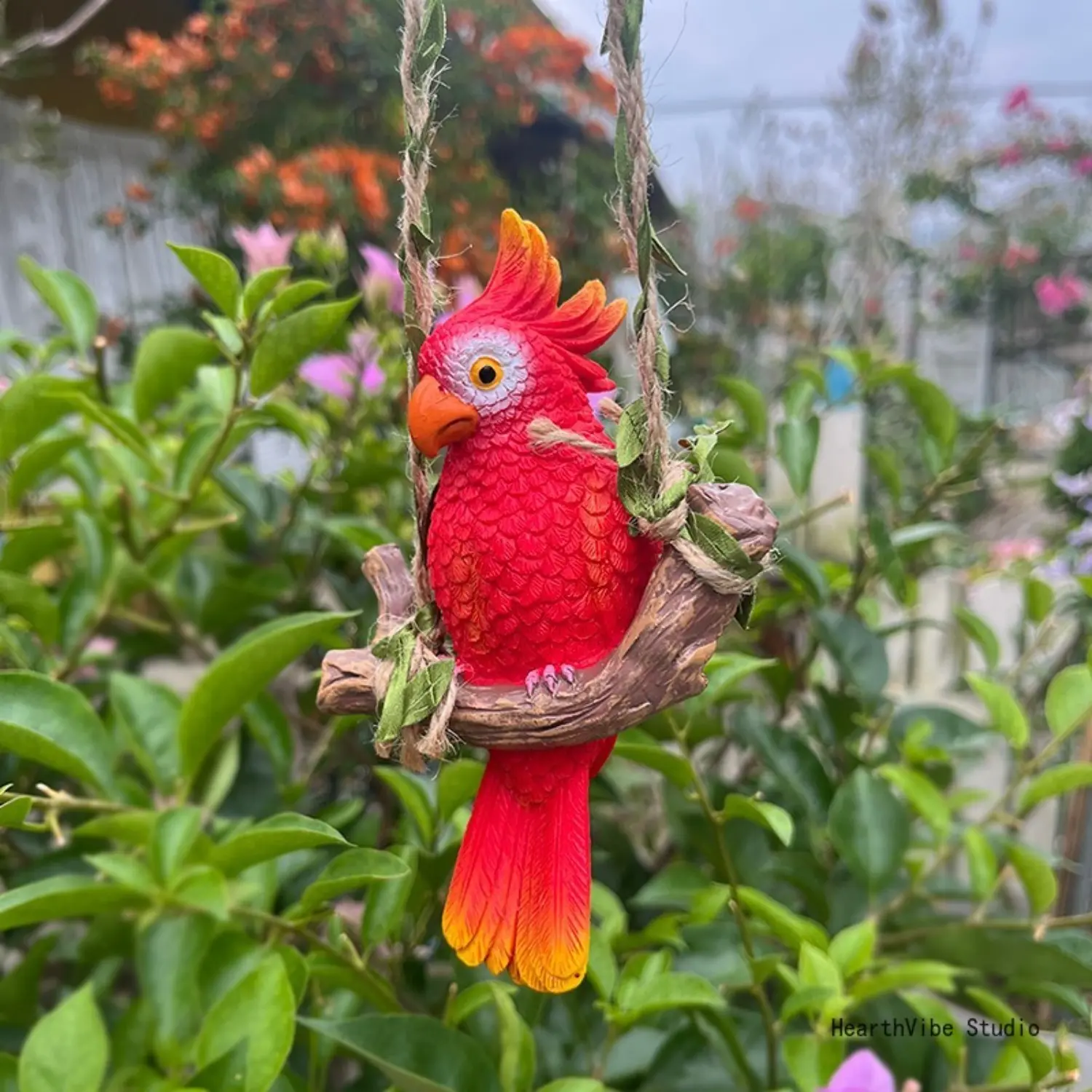Handmade Resin Parrot Decorative Ornament, Hanging Figurine on a Swing for Outdoor Garden, Patio, or Courtyard Wall Art, Home Decorative Ornament