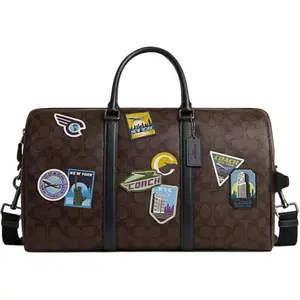 COACH Venturer 45 Classic Monogram Zippered Boston Bag in PVC and Leather for Men, Travel Tote with Shoulder Strap in Dark Brown