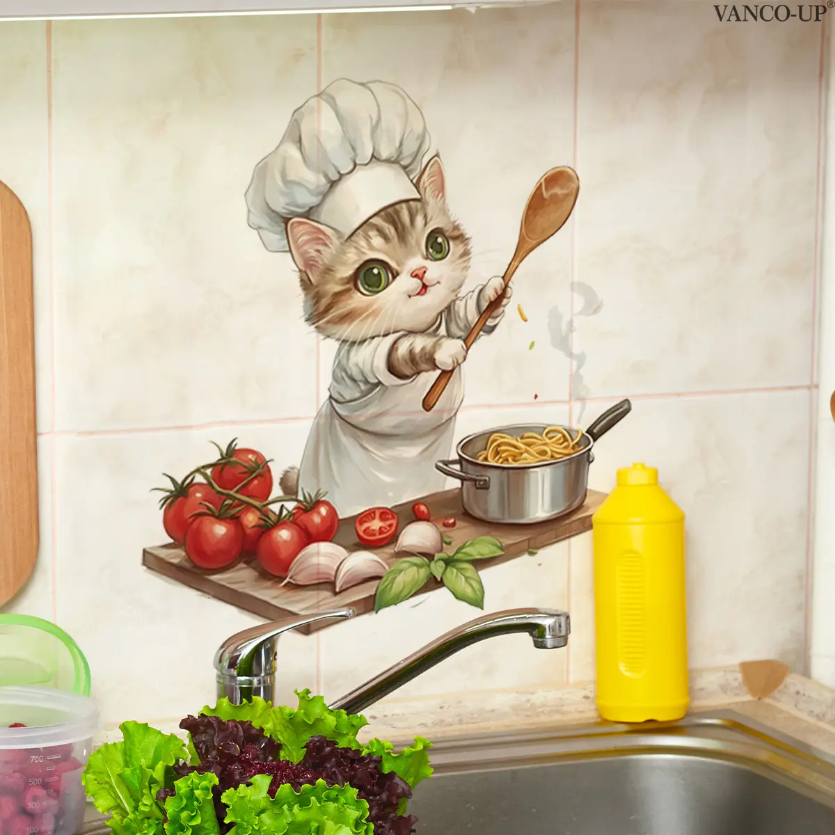 A (30*30cm) chef hat cat cooking fun flat kitchen wall sticker, home decoration self-adhesive wall sticker, Decal Sticker, M20445