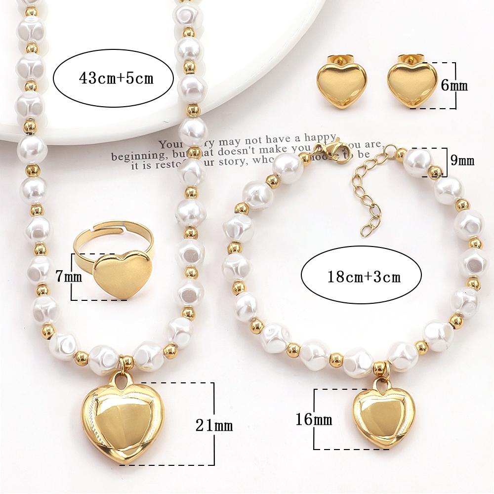 Women's Fashion Costume Jewelry Set - Stainless Steel Link Chain, Imitation Pearl Beaded Bracelet & Necklace, Gold Steel Peach Heart Pendant, Female Stud Earrings