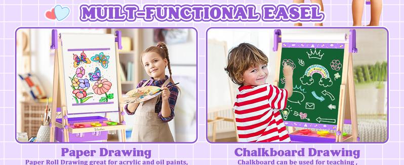 【Kids Gifts】Art Easel for Kids,Adjustable Wooden Kids Art Easel with Paper Roll,Double-Sided Magnetic Toddler Easels,Dry Erase Whiteboard and Chalk Board,Toys for 3 4 5 6 7 8 9 10 Year Old Girl Boy Gift