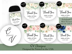 CV Designs Wedding Hand Sanitizer Favor Sticker Labels 60pcs or 90pcs Modern Glossy Water-Resistant Personalized Party Favors
