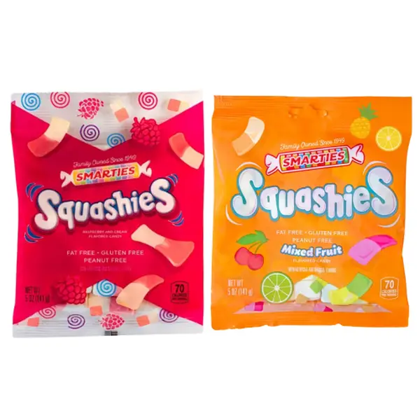Smarties Squashies Variety Pack – Raspberry & Cream and Mixed Fruit Flavored Gummy Candy, 5 oz Bags – Gluten Free, Peanut Free, Foam Marshmallow Gummi