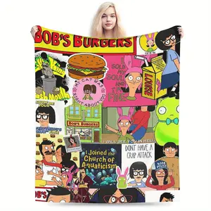 A cartoon Bob Burgers printed flannel blanket, soft, comfortable and durable, perfect home decoration item for office, sofa and travel