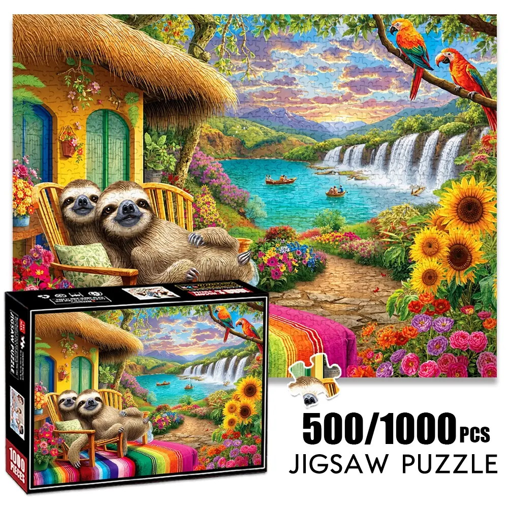1pc 1000 piece adult puzzle 70x50cm Two Sloths on Rocking Chair by Tropical Cottage with Waterfall, Parrots and Flowers 500 pieces paper jigsaw puzzle suitable for DIY creative games for adults and
