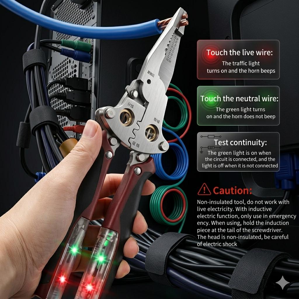 16-in-1 Multifunction Wire Stripper & Cutter with Voltage Tester, Heavy Duty Electrician Tool with 2 Detachable Test Pens for Wire Stripping, Cutting & Crimping