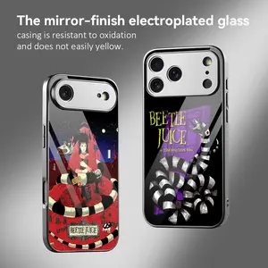 Horror B-Beetlejuices Phone Case For iPhone 17 16 15 14 13 12 Pro Max Plus Electroplated Metal Bumper Case Slim Tempered Glass Back Advanced Materials Shockproof Anti-Scratch Luxury Case Fashion Durable Stylish