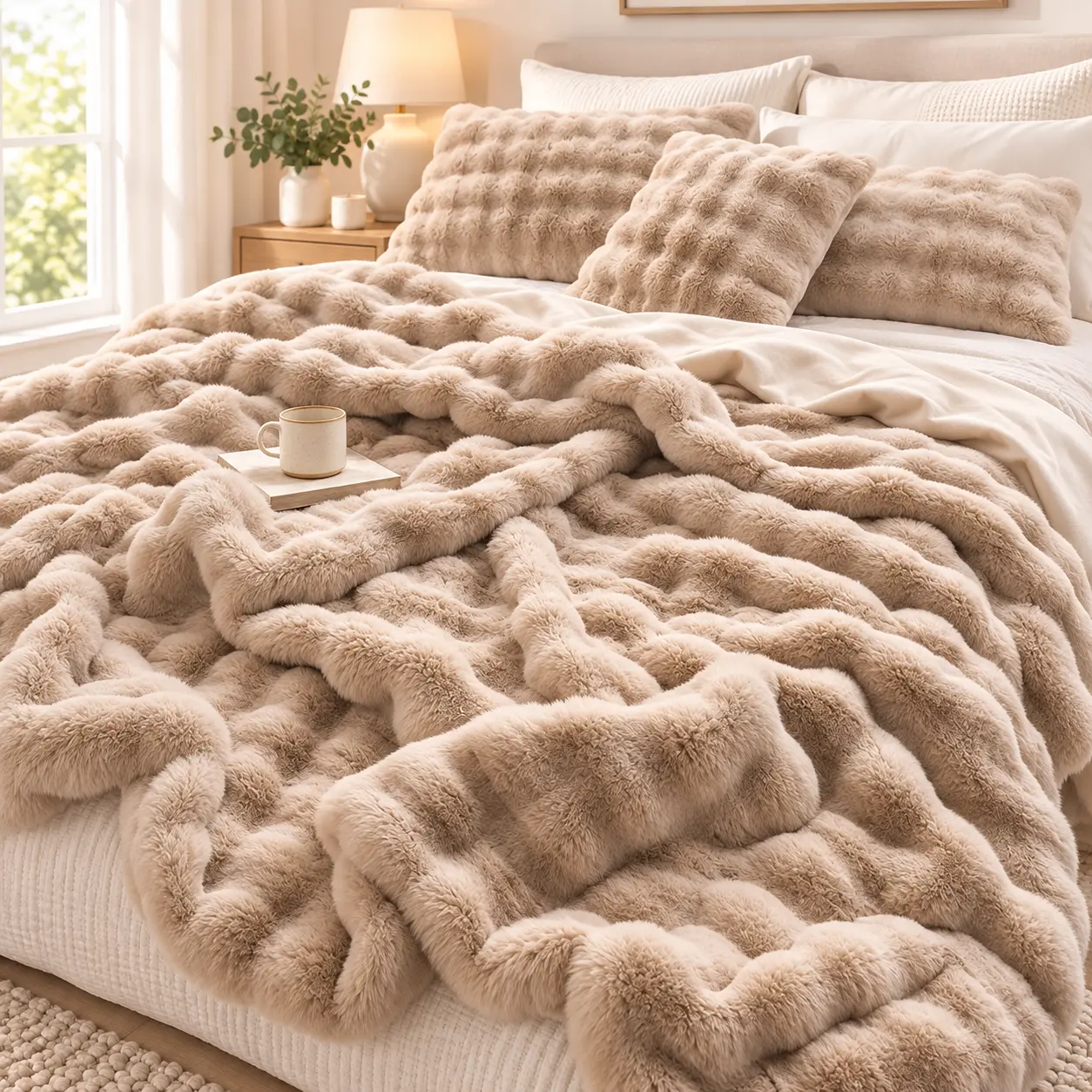 Raybee MarshMellow Comforter - 750GSM Fluffy Faux Rabbit Fur Fluff Throw, Oversized Large Household Decor Light Comforter Throw, Soft Cozy Machine Washable Thick Warm Blanket for Couch Bed, Women’s Birthday Gift, Fluff Throws