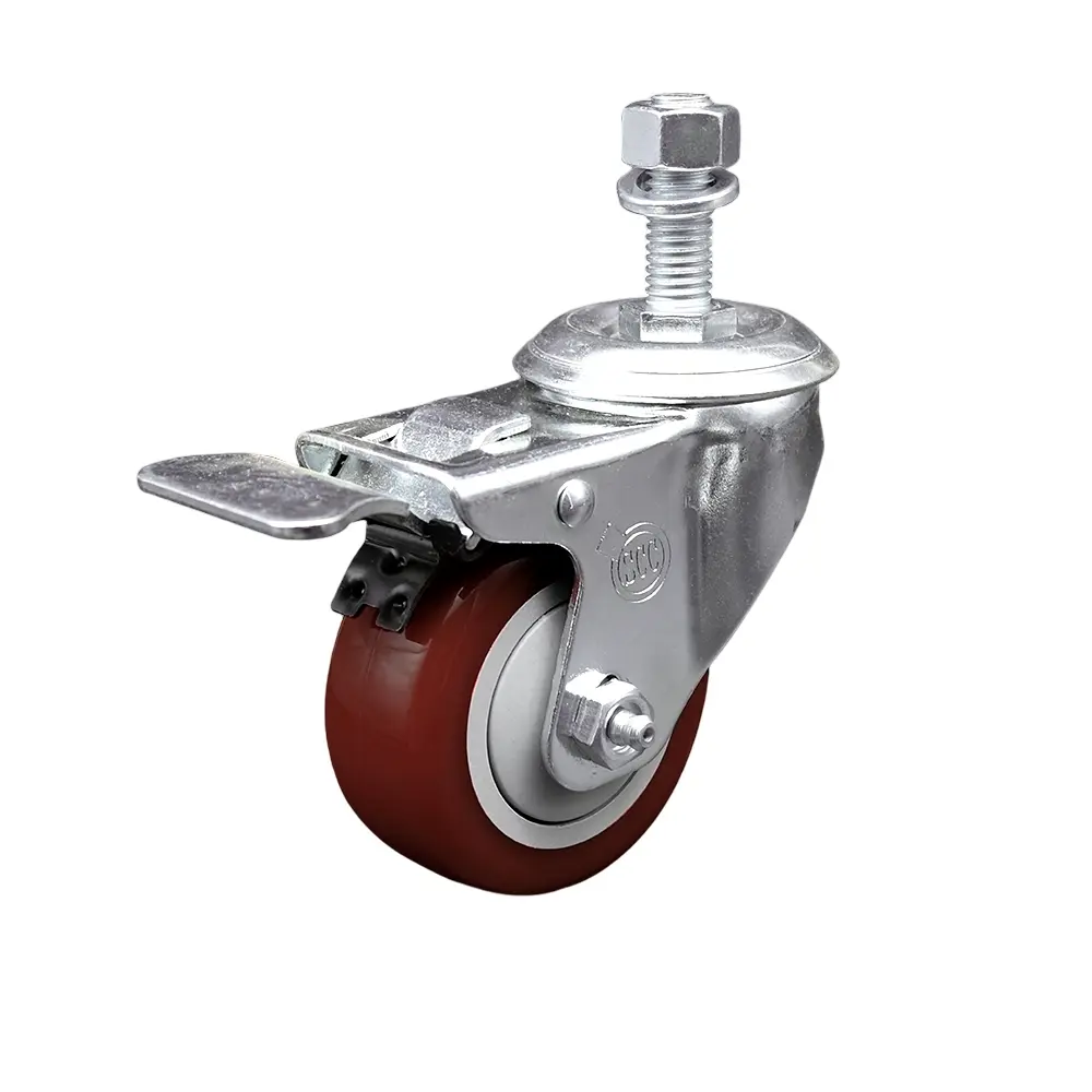 Service Caster SCC-SSTSTTL20S314-PPUB-MRN-M1215 Stainless Steel Polyurethane Swivel Threaded Stem Caster - 3x1.25 in. Non-Marking Ball Bearing Wheels, 12 mm Stem, Total Locking Brake, 300 lbs Capacity for Material Handling Carts, Equipment, 3 X 1.25 In.