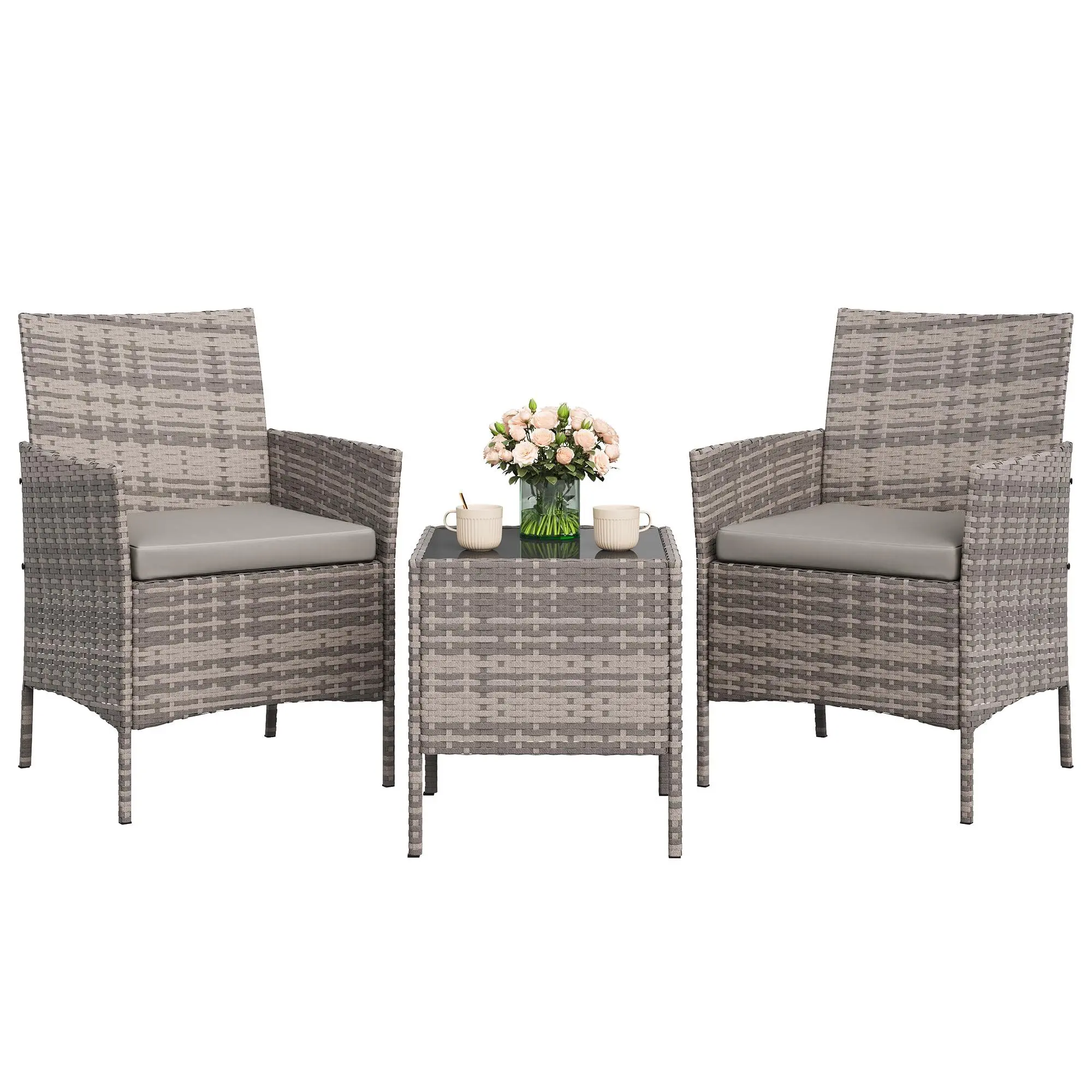 3-Piece Patio Furniture Set, Modern PE Rattan Conversation Set with 2 Chairs & Tempered Glass Coffee Table, All-Weather Outdoor Seating for Garden, Porch, Balcony, Poolside, Grey/Light Grey
