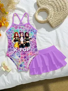 K-Pop Hunter Girl Group Starry Sky Print Halter One-Piece Swimsuit + Swim Pants Two Piece Set, Boho Style, Slim-Fitting