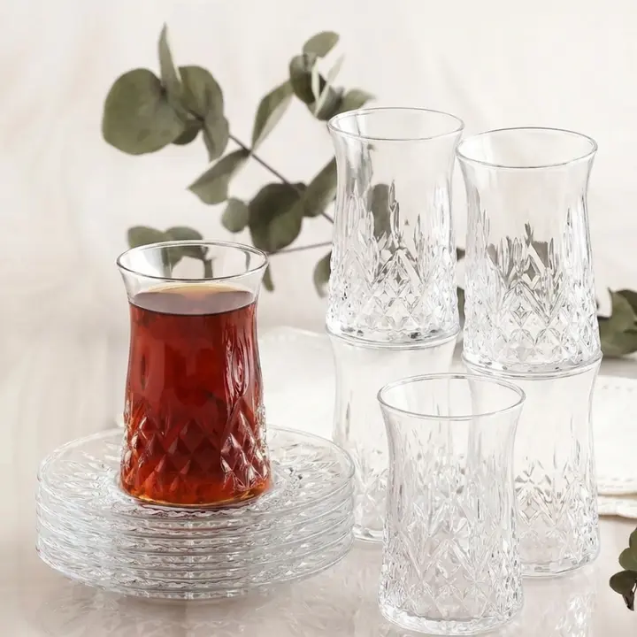 Hakan Turkish Tea Glass Set - 12-Piece Kitchen Drinkware Set, 5.7 oz (170ml) Tea Cups, Reusable Cup for Hot Beverages