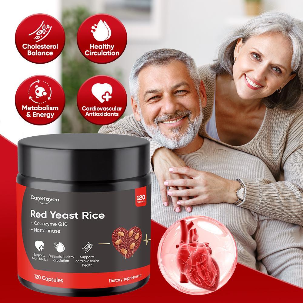 CareHaven Red Yeast Rice Natural Supplements with Nattokinase & CoQ10 - 120 Citrinin-Free Capsules, Ambient Bottle Set with Lid, for Adults, Natural Herbs Lifestyle, Cardiovascular Health & Cholesterol Management Aid, Non-Toxic Support