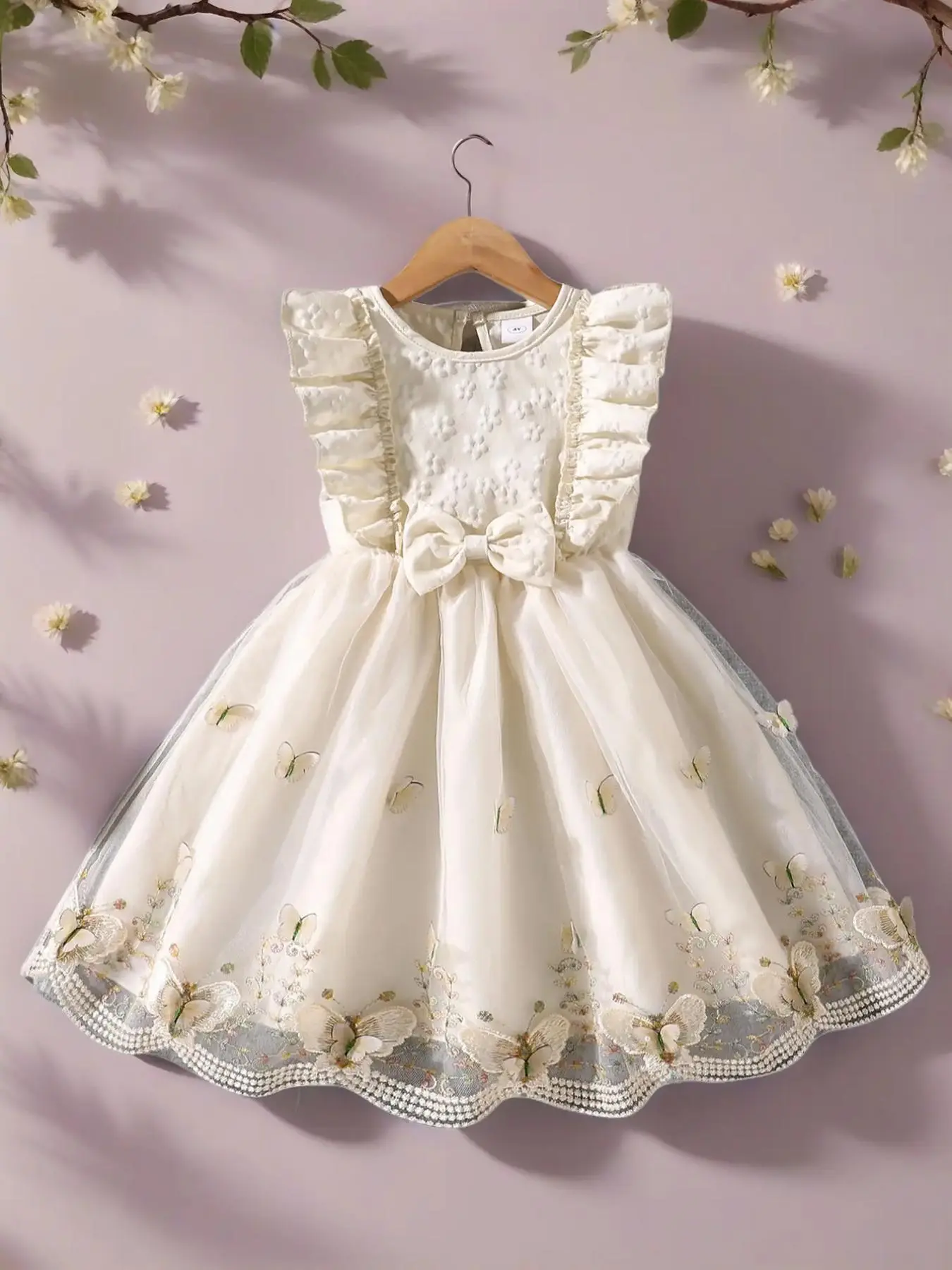 Girl's Butterfly Pattern Bow Decor Dress, Cute Round Neck Dress for Summer, Kids Clothes for Daily Wear