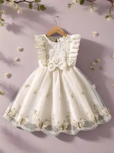 Girl's Butterfly Pattern Bow Decor Dress, Cute Round Neck Dress for Summer, Kids Clothes for Daily Wear, Butterfly Print Dress