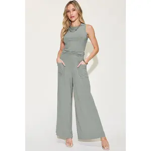 Basic Bae Full Size Ribbed Tank and Wide Leg Pants Set - Fitted Sleeveless Below the Ankle Casual Minimalist OL Style Women's Clothing