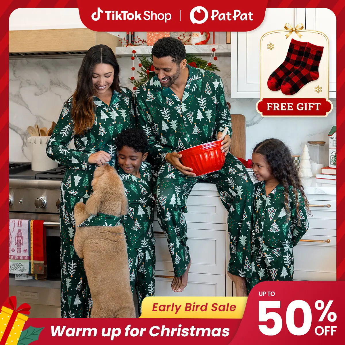 Early Bird | PatPat Mommy & Me Family Matching Christmas Pajamas with Socks Gift, Classic Button-Down Christmas Tree Allover Print Elastic Waist Set