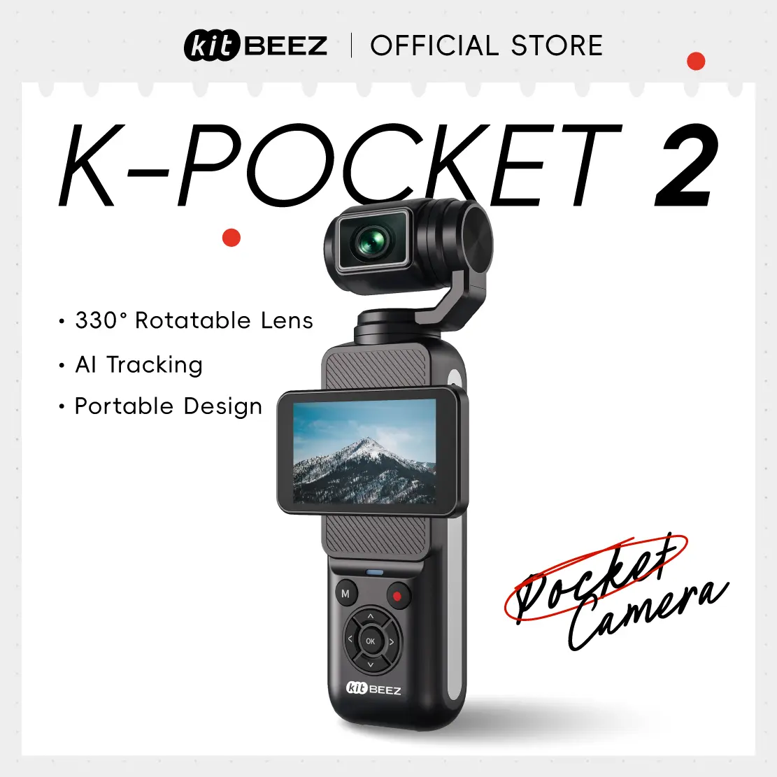 KITBEEZ Pocket 2 5K Vlogging Camera with 2-Axis Gimbal + EIS Dual Stabilization, AI Face Tracking, 330° Rotating + 120° Tilt Lens, 2.2" Rotatable IPS Touchscreen, Wi-Fi App Control, 1550mAh Removable Battery