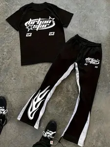 Y2K Urban Star Graphic 2-Piece Set - Flame Print Contrast Stitch Tracksuit Sportswear Set