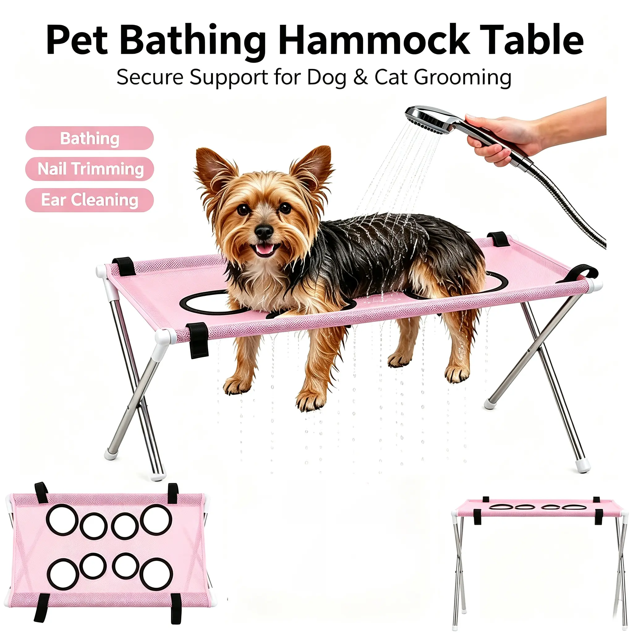 Foldable Pet Grooming Bath Table, Pet Bathing Hammock for Dogs Cats, Portable Pet Washing Station with Secure Straps for Bathing Nail Trimming Ear Cleaning