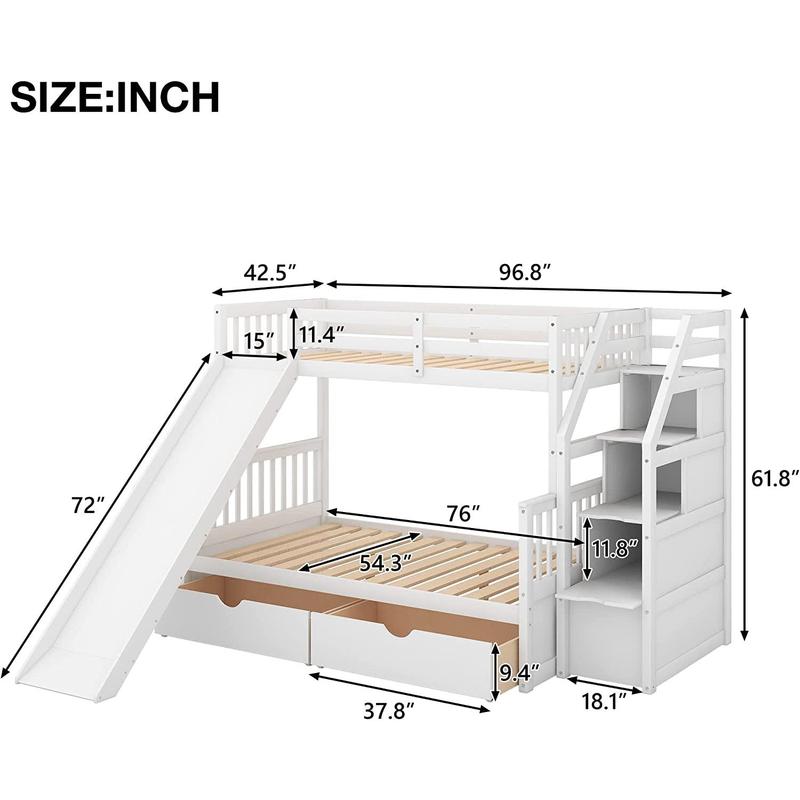 Full over Twin & Twin Bunk Bed with Drawer & Ladder, Triple Bunkbeds Wooden for Kids, Teens, Adults, Gray, White
