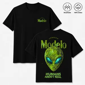 1 PCS Retro Washed Black Short Sleeve T-Shirt, Front Mini \"Modelo\" Print + Back Alien Head \"Humans Aren't Real\" Graphic, Sci-Fi Streetwear Style, 100% Cotton Unisex Oversized Tee, Casual Hangouts, Great Gift for Sci-Fi Fans