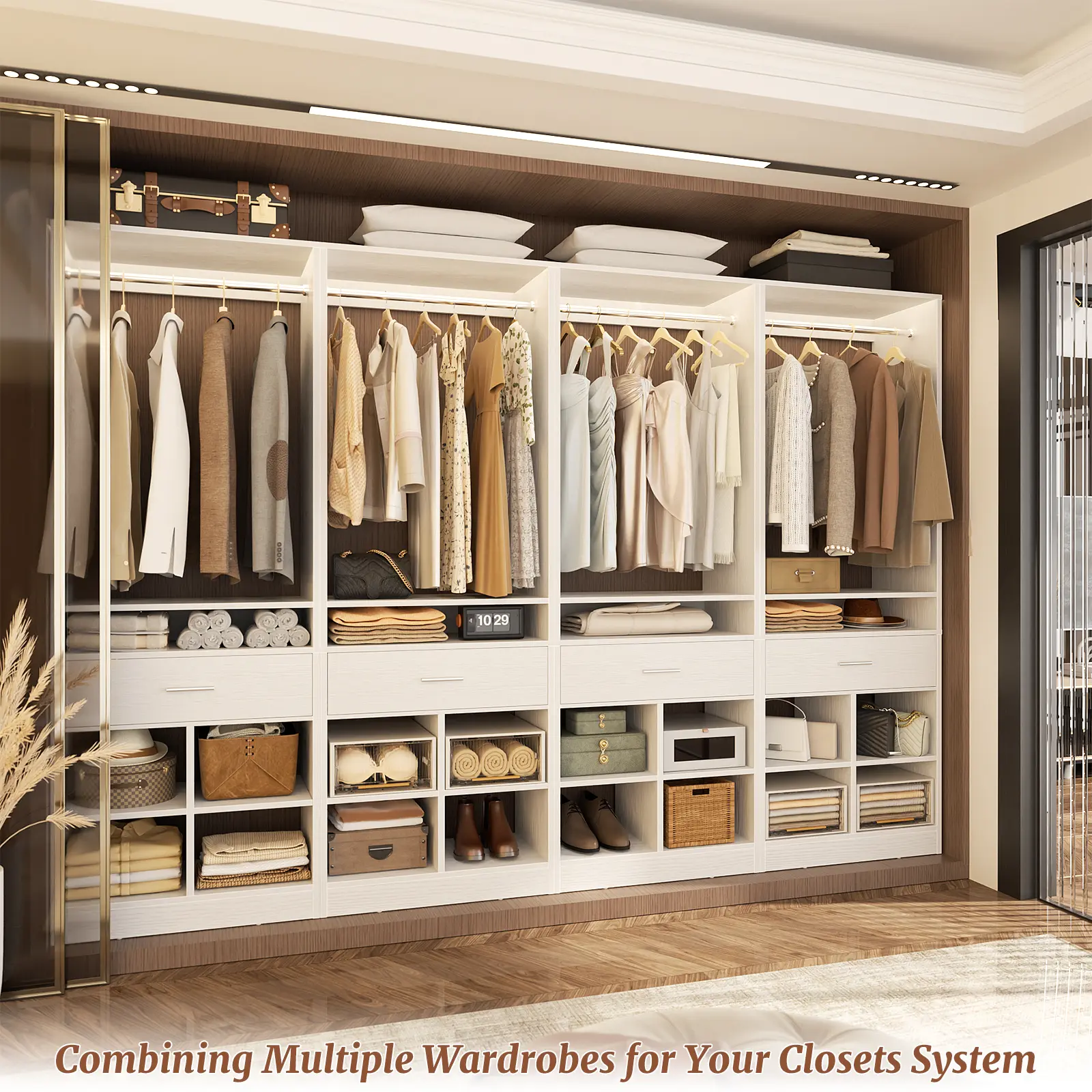 Freestanding Closet System with Wood Drawer and 4 Cubby Storage, Closet Organizer with Hanging Rods & Shelves, 25‘’W X 80'' H Clothes Garment Rack, Walk in Closet Tower Wardrobe