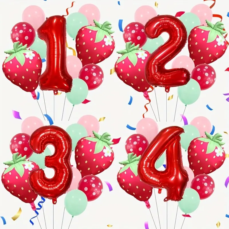 13pcs Strawberry Aluminum Film Balloon Set, Birthday Party Decoration Prop, 32 inch Red Number Balloon, Party Venue Decoration Prop, Birthday Party Decoration, Balloon Decorations, Party Balloons Decorations, Balloon Garland