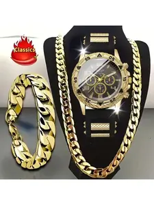 Men's Quartz Watch Set with Necklace & Bracelet, High-Quality Business Fashion, Perfect Jewellery Gift Set for Him, All Seasons, Round Analog Face