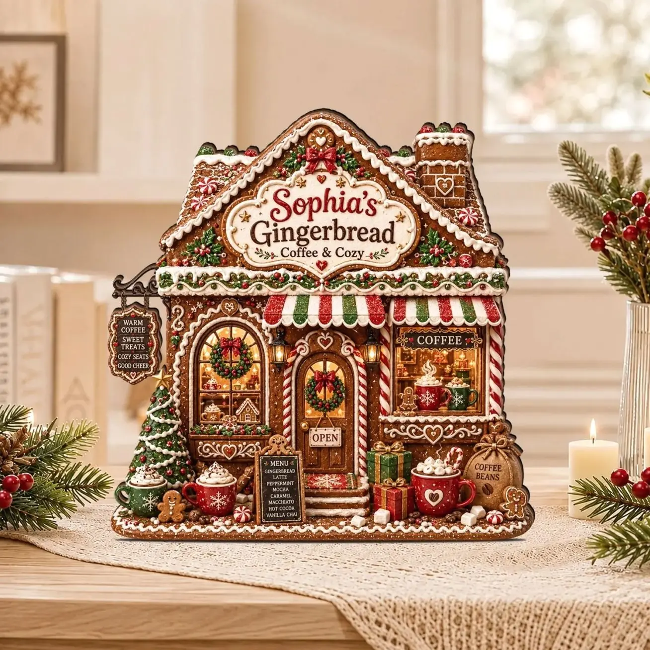 Personalized Gingerbread Coffee Shop Wooden Block, Christmas Cafe Decor, Coffee Lover Gift, 2D Holiday Storefront Keepsake