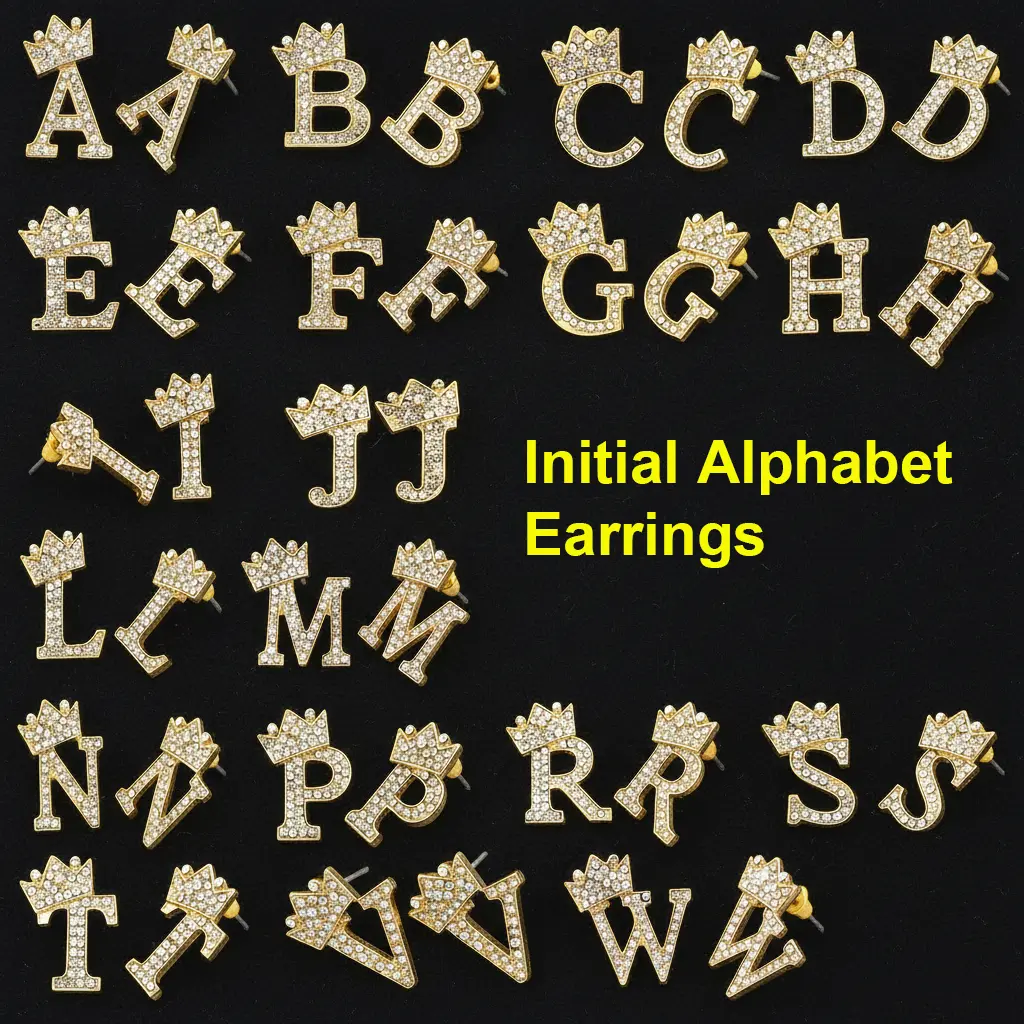 MaxBling81 Crowned Initial Alphabet Letter Stud Earrings - 0.75"x0.6" Lab Created Iced Cubic Zirconia, Gold Metal Coating, Casual Daily Elegant Unisex Costume Jewelry