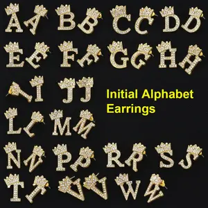 MaxBling81 Crowned Initial Alphabet Letter Stud Earrings, Iced Cubic Zirconia Fashion Bling, Gold Metal Coating, Unisex for Men and Women