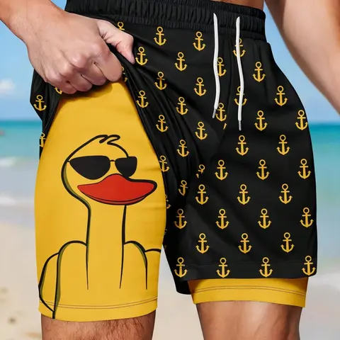 Men's Casual Summer Beach Shorts, Fun Sunglasses Duck Print, Sporty Breathable Quick-Dry Printed Swim Trunks, Swimming Shorts, Elastic Drawstring Waist